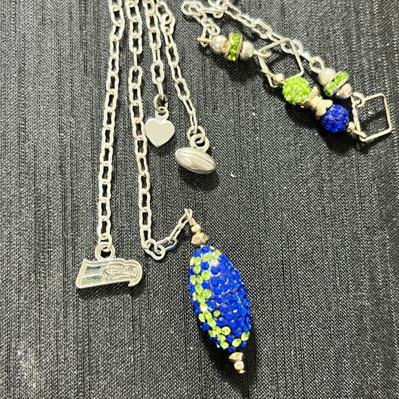 Seahawks Fan Necklace Drop Heart Football Seahawk & Rhinestone Dangle 22 inches - Picture 3 of 3